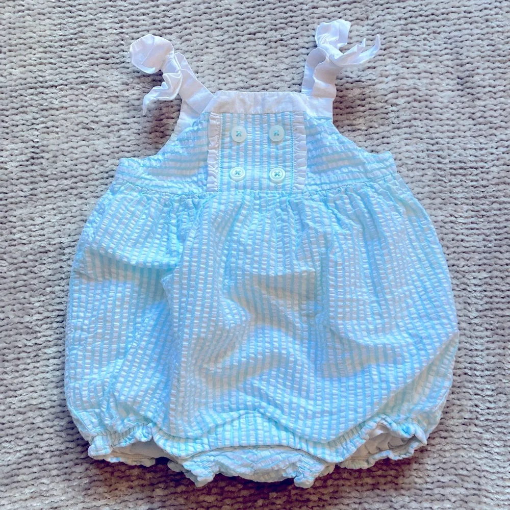 Baby Girls Seersucker Nautical Bubble Romper 100%‎ Cotton Coastal 6-12 Months